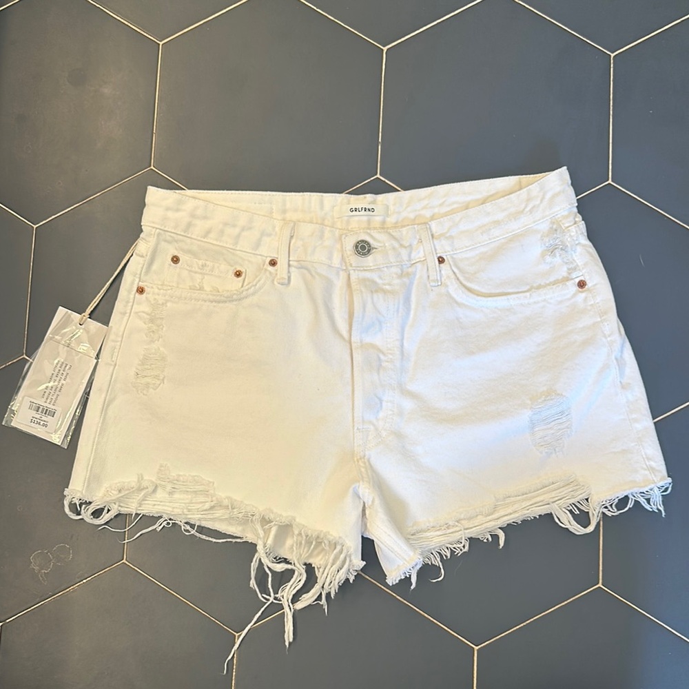 GRLFRND White Jean Shorts Distressed Hem High-Rise